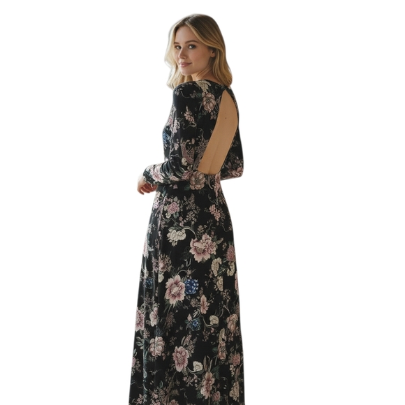 AFRM Nordstrom Black Satin Floral Backless Midi Dress Size Large EUC - Picture 5 of 12